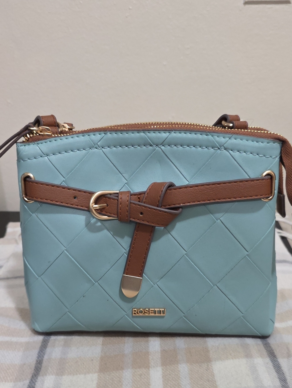 Rosetti Quilted Light Blue Crossbody with Brown Belt Detail